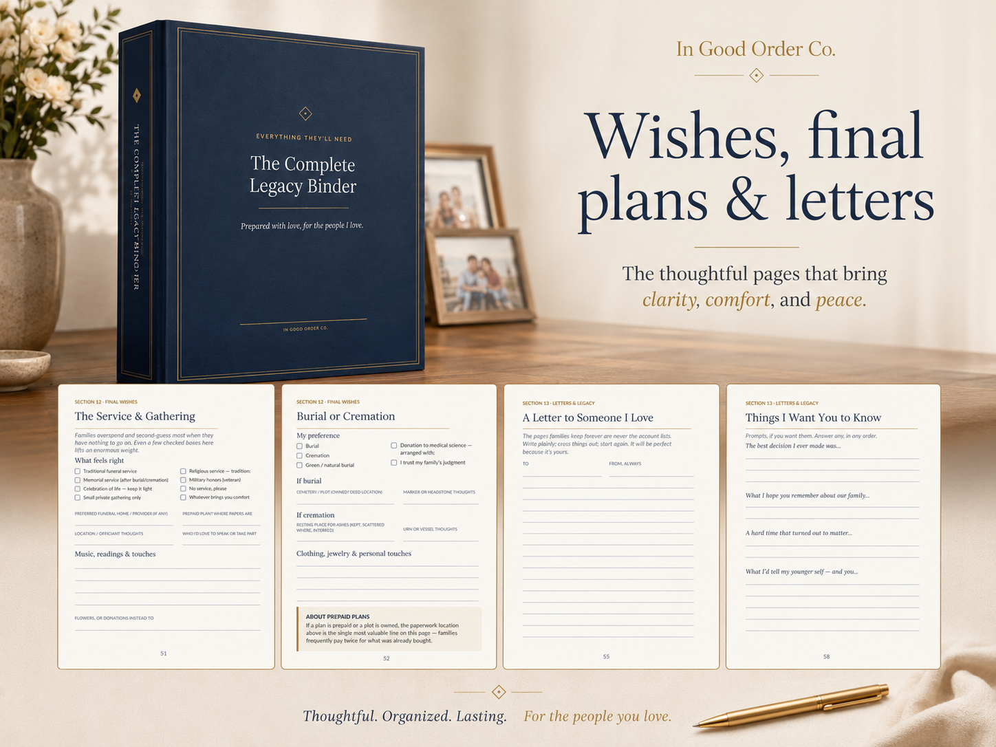 Sample pages: Burial or Cremation, The Service & Gathering, A Letter to Someone I Love, Things I Want You to Know.