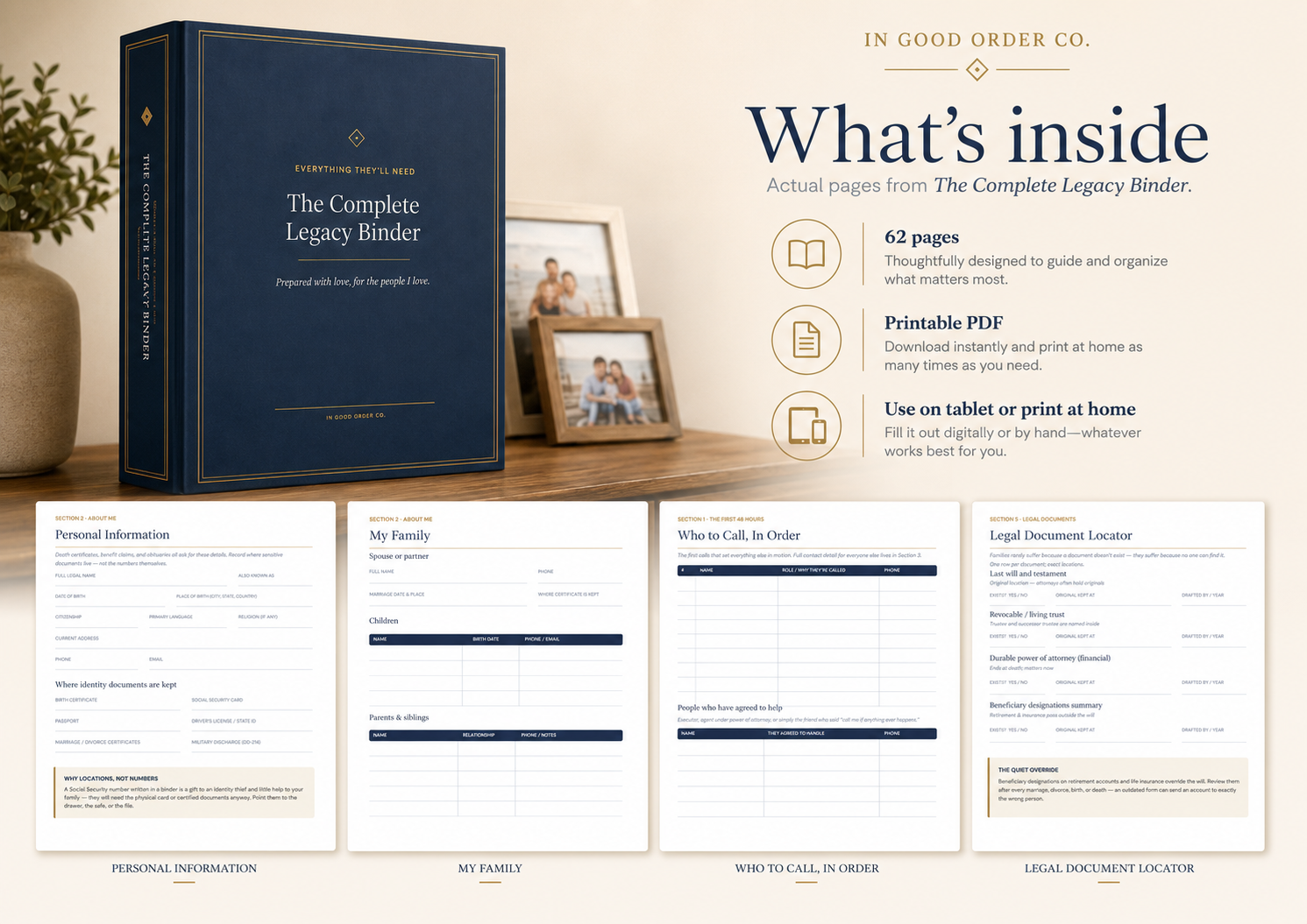 The Complete Legacy Binder shown with sample fillable pages — Personal Information, My Family, Who to Call In Order, and Legal Document Locator.